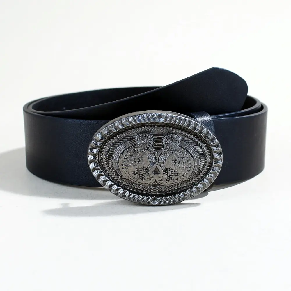 Women's Black PU Leather Belt with Logo Buckle — feature 17