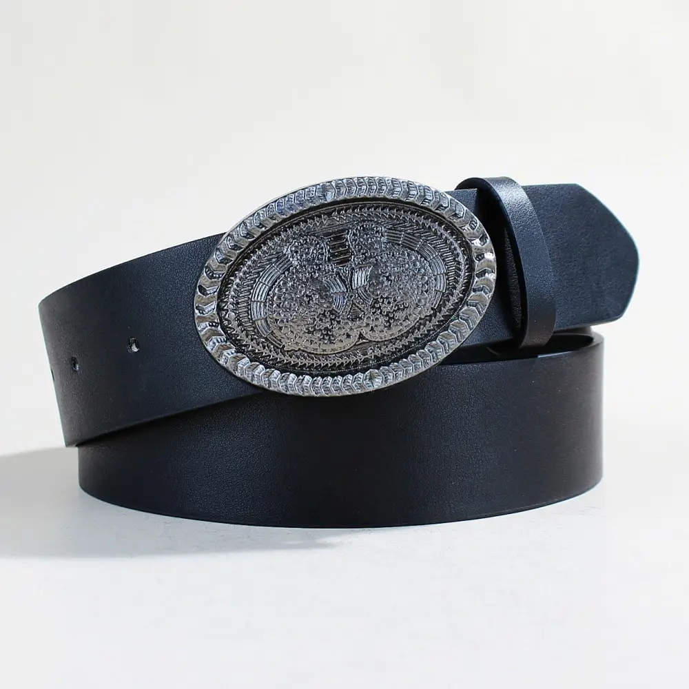 Women's Black PU Leather Belt with Logo Buckle — feature 18