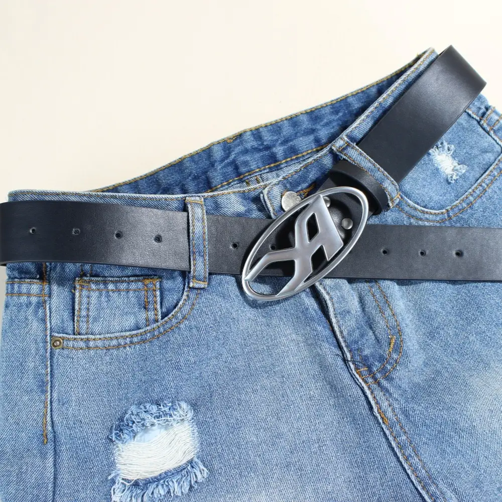 Women's Black PU Leather Belt with Logo Buckle — feature 3