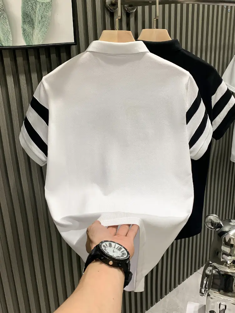 Men's White Striped Short Sleeve Polo Shirt with Black Sleeves - Image 5