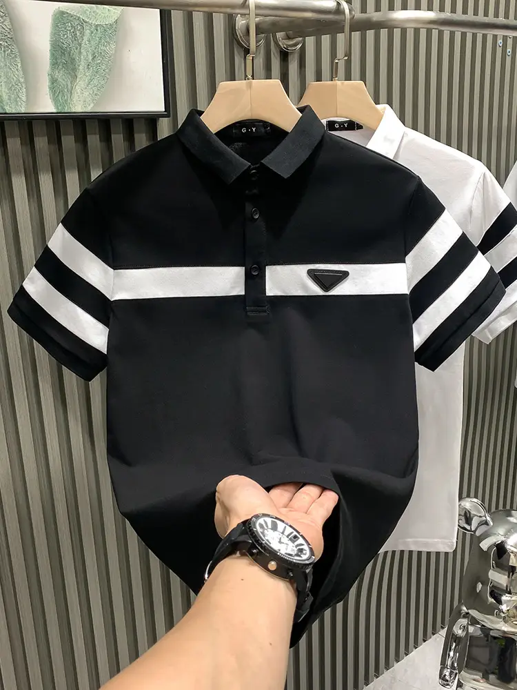 Men's White Striped Short Sleeve Polo Shirt with Black Sleeves - Image 6