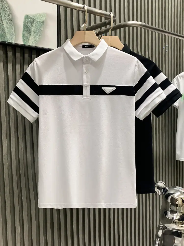 Men's White Striped Short Sleeve Polo Shirt with Black Sleeves - Image 7