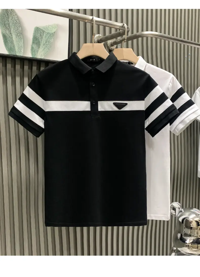 Men's White Striped Short Sleeve Polo Shirt with Black Sleeves — feature 1