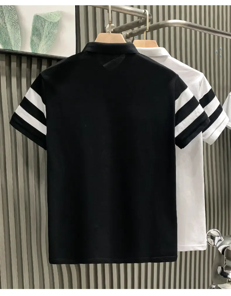 Men's White Striped Short Sleeve Polo Shirt with Black Sleeves — feature 10