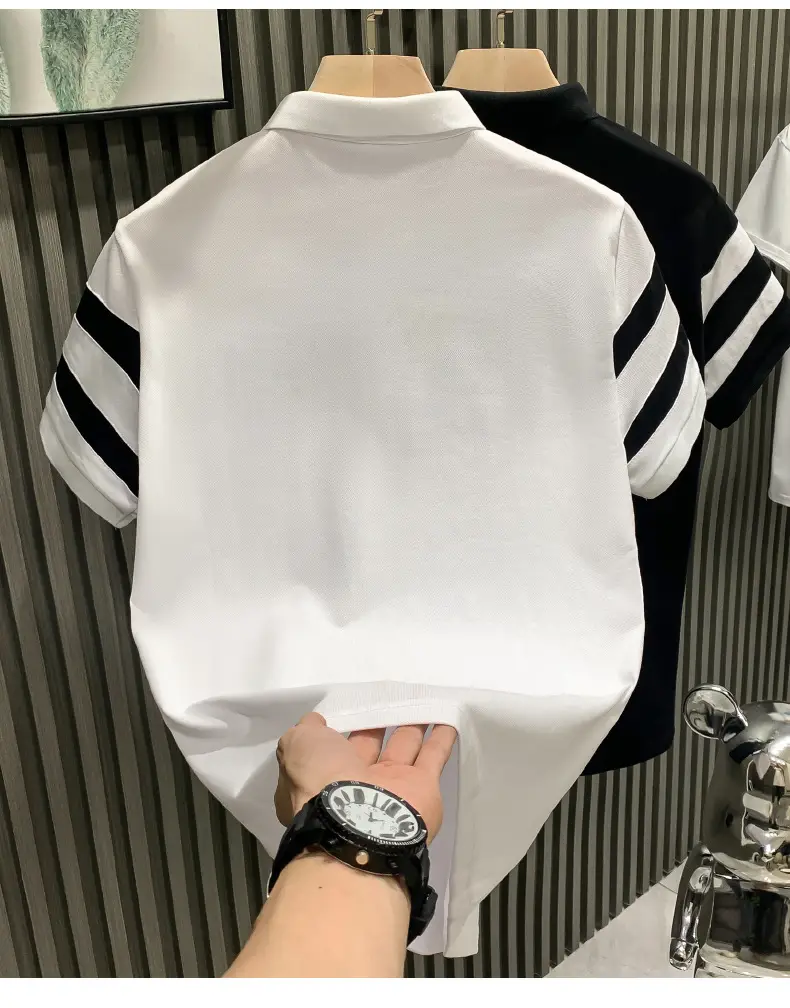 Men's White Striped Short Sleeve Polo Shirt with Black Sleeves — feature 4