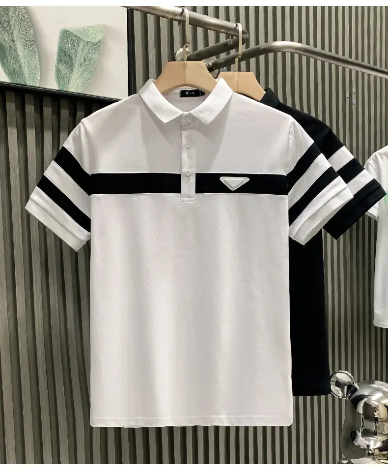 Men's White Striped Short Sleeve Polo Shirt with Black Sleeves — feature 5