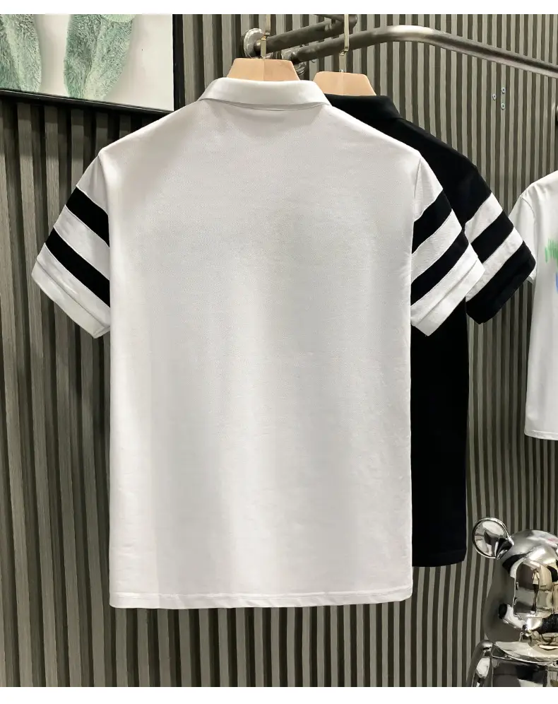 Men's White Striped Short Sleeve Polo Shirt with Black Sleeves — feature 6