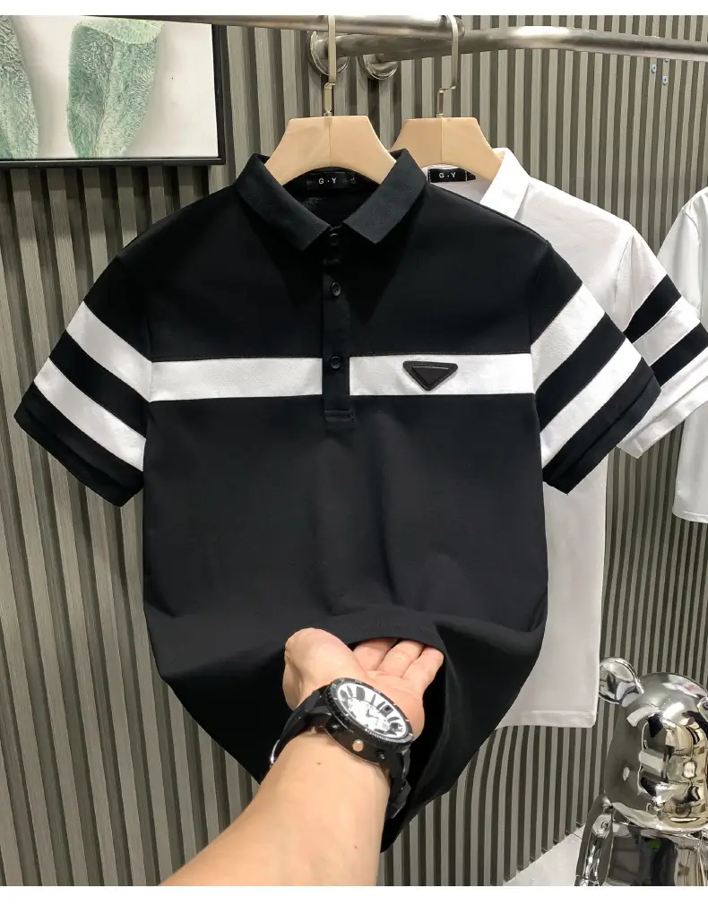 Men's White Striped Short Sleeve Polo Shirt with Black Sleeves — feature 7