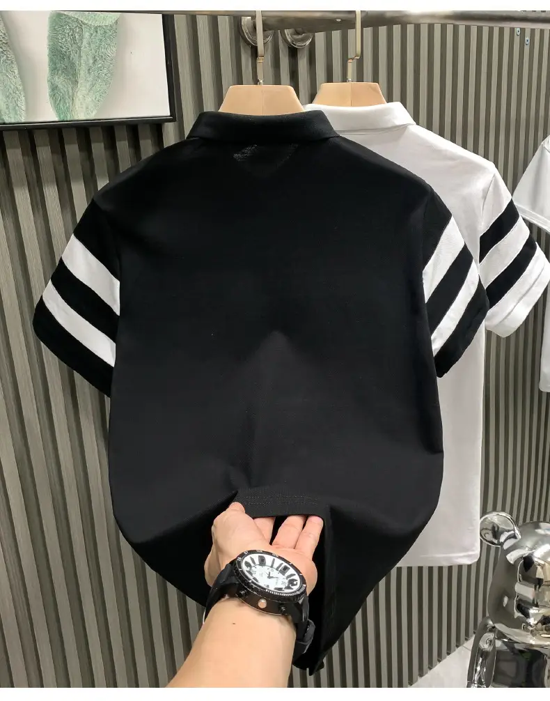 Men's White Striped Short Sleeve Polo Shirt with Black Sleeves — feature 8