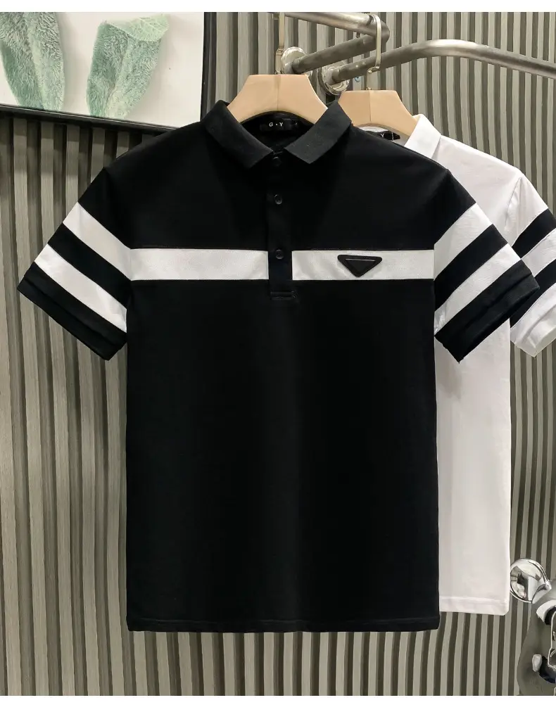 Men's White Striped Short Sleeve Polo Shirt with Black Sleeves — feature 9