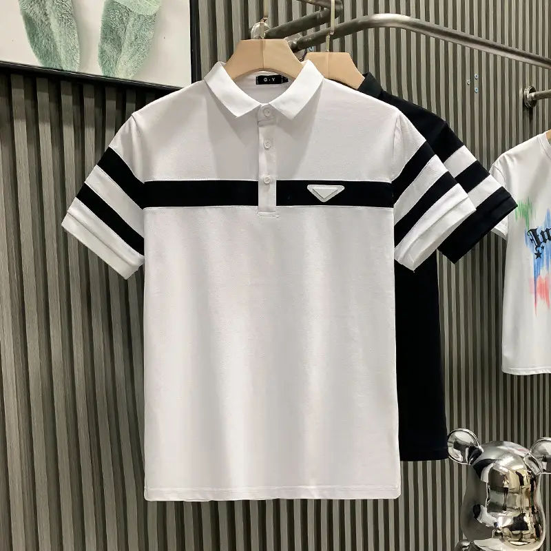 Men's White Striped Short Sleeve Polo Shirt with Black Sleeves - Image 2
