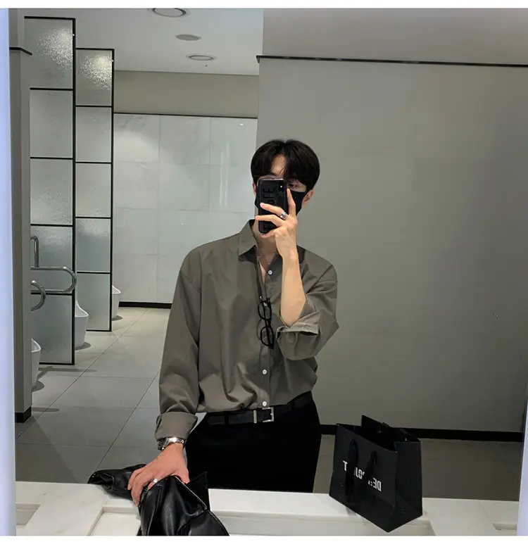 Hong Kong-style Grey Long-sleeved Men's Shirt — feature 1