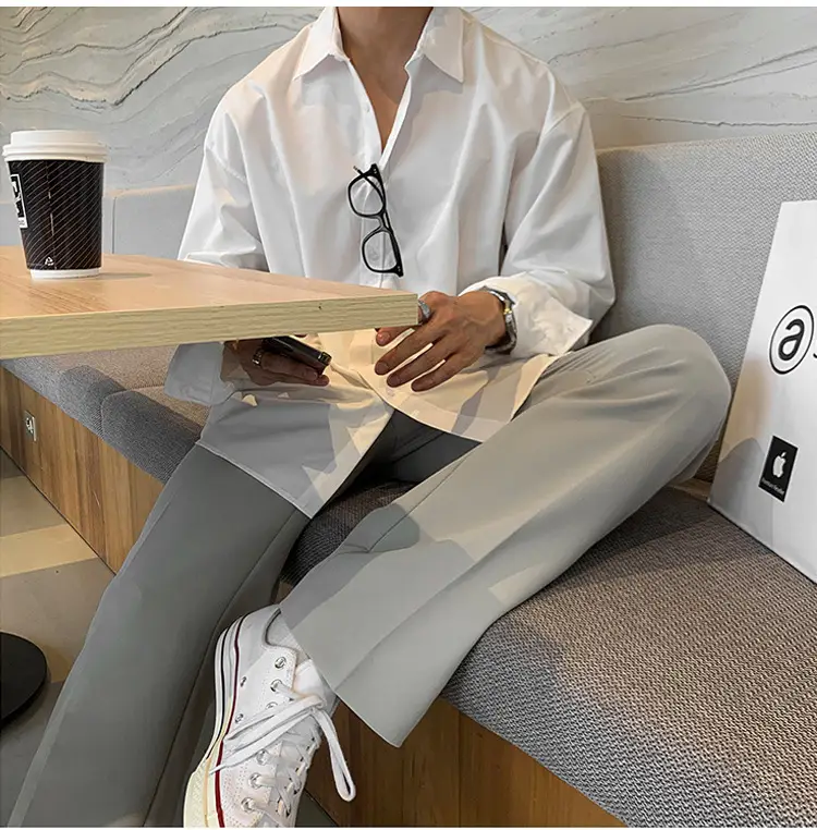 Hong Kong-style Grey Long-sleeved Men's Shirt — feature 13