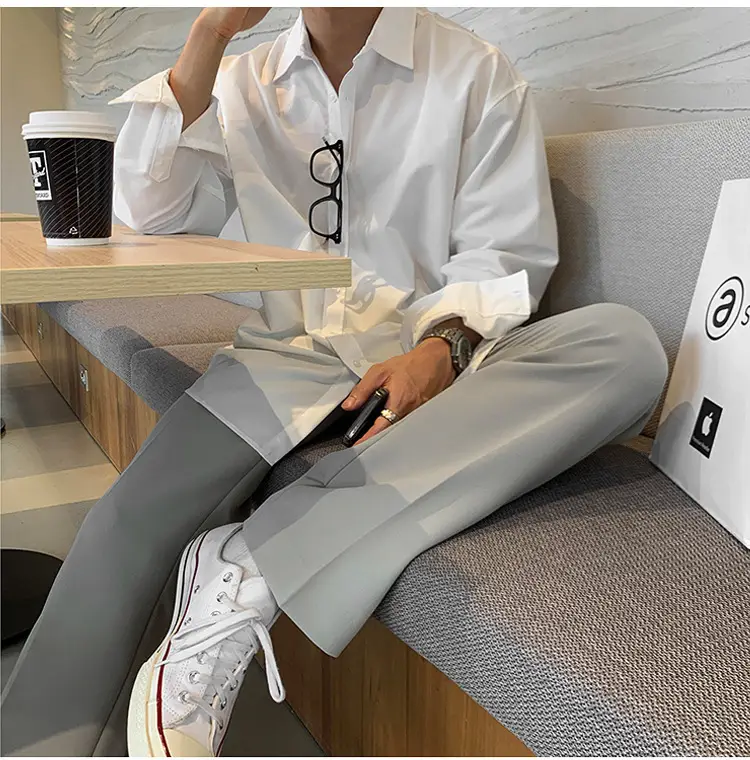 Hong Kong-style Grey Long-sleeved Men's Shirt — feature 15