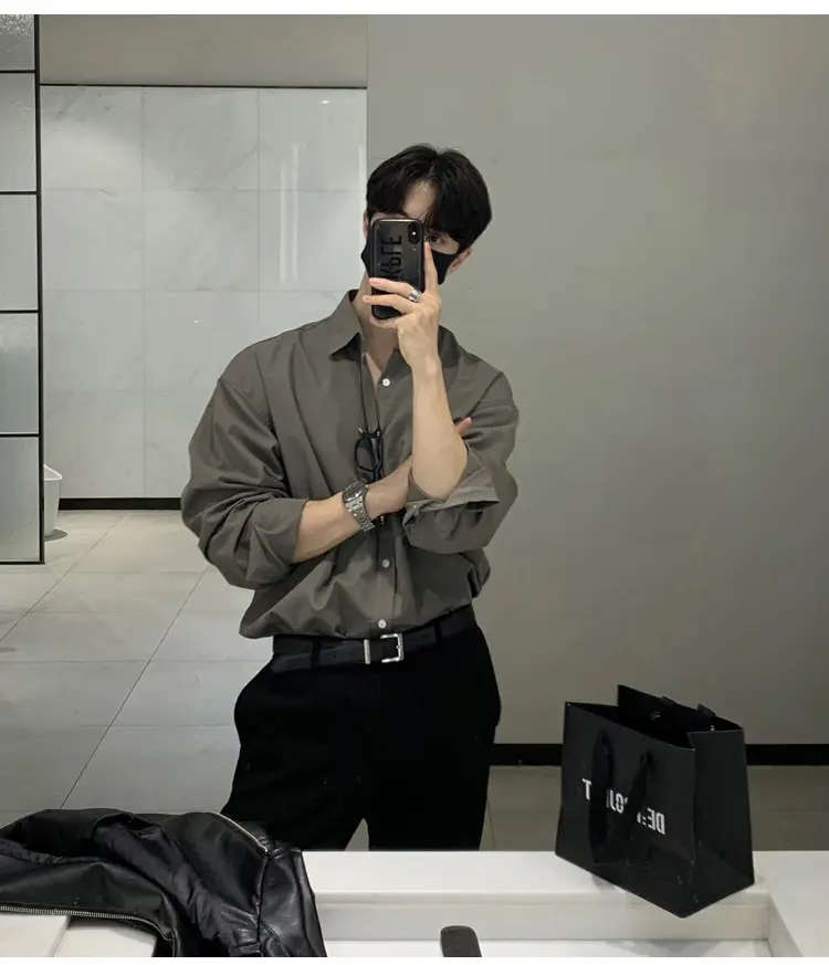 Hong Kong-style Grey Long-sleeved Men's Shirt — feature 4