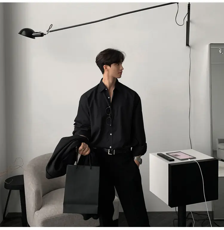 Hong Kong-style Grey Long-sleeved Men's Shirt — feature 5