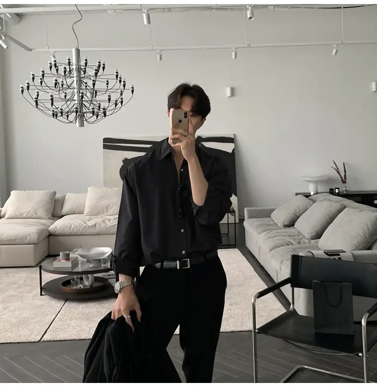 Hong Kong-style Grey Long-sleeved Men's Shirt — feature 6