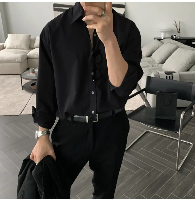 Hong Kong-style Grey Long-sleeved Men's Shirt — feature 8