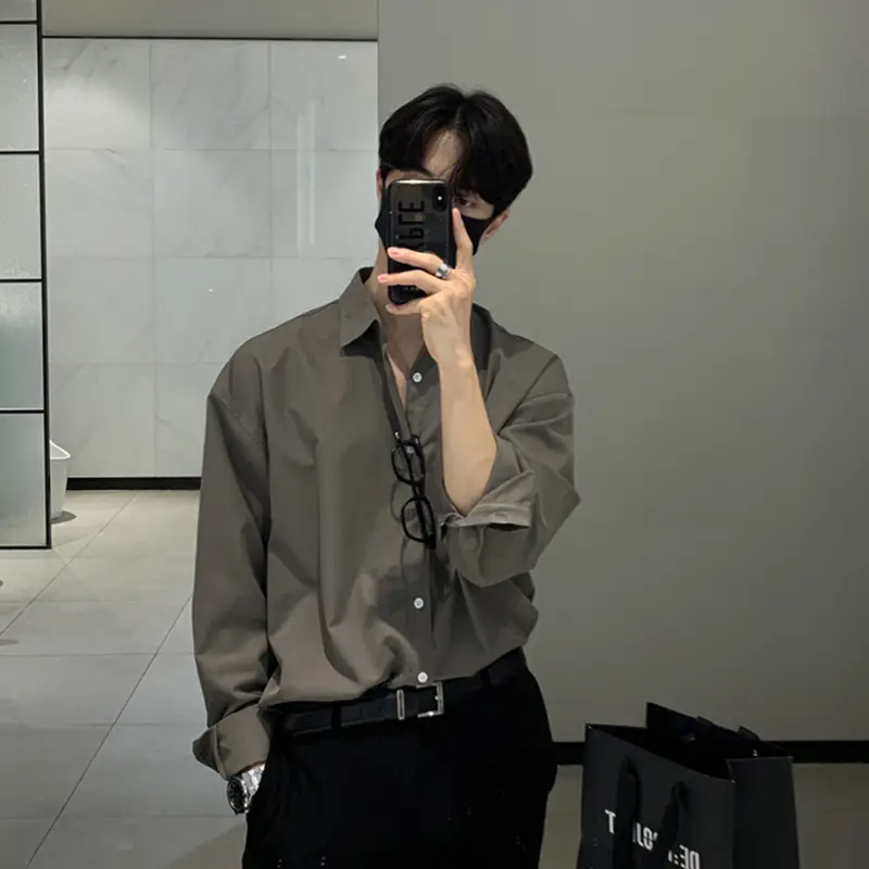 Hong Kong-style Grey Long-sleeved Men's Shirt - Image 2