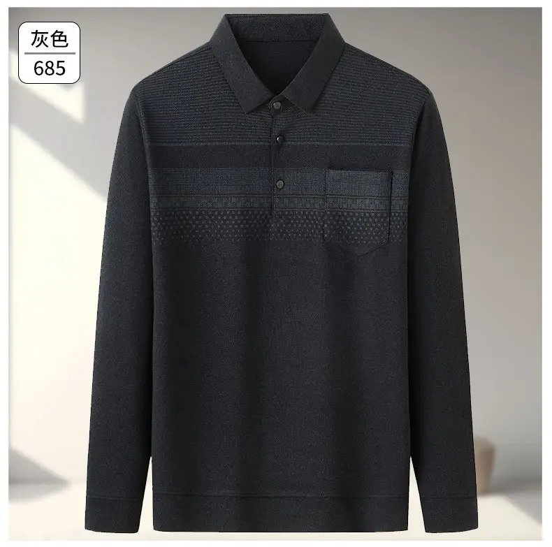 Dad Long Sleeve Polo Shirt Black Striped Grandpa Pockets — feature 16