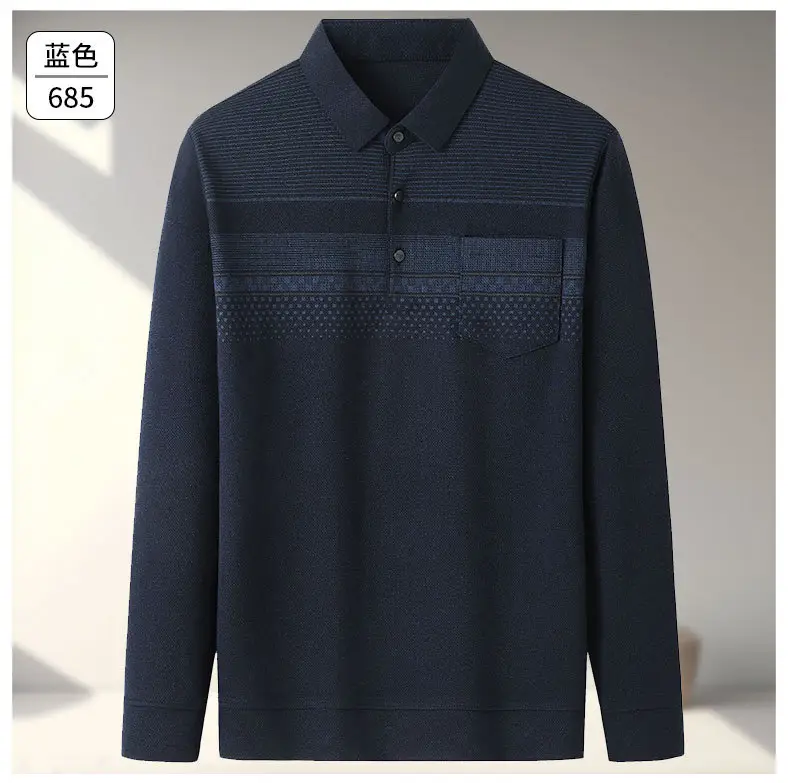 Dad Long Sleeve Polo Shirt Black Striped Grandpa Pockets — feature 18