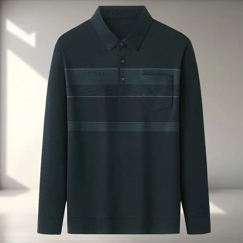 Dad Long Sleeve Polo Shirt Black Striped Grandpa Pockets