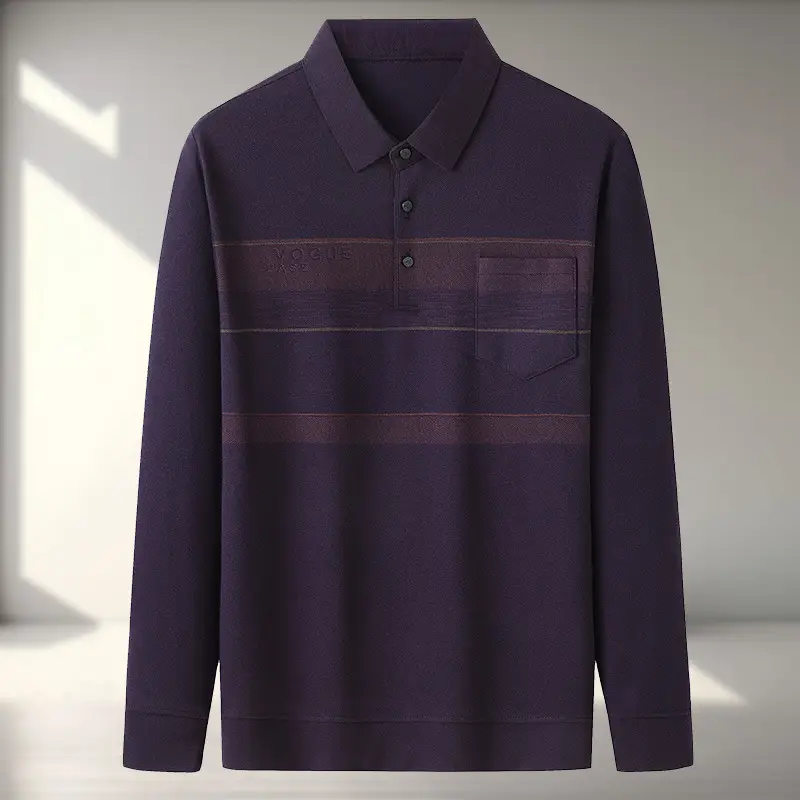 Dad Long Sleeve Polo Shirt Black Striped Grandpa Pockets - Image 2