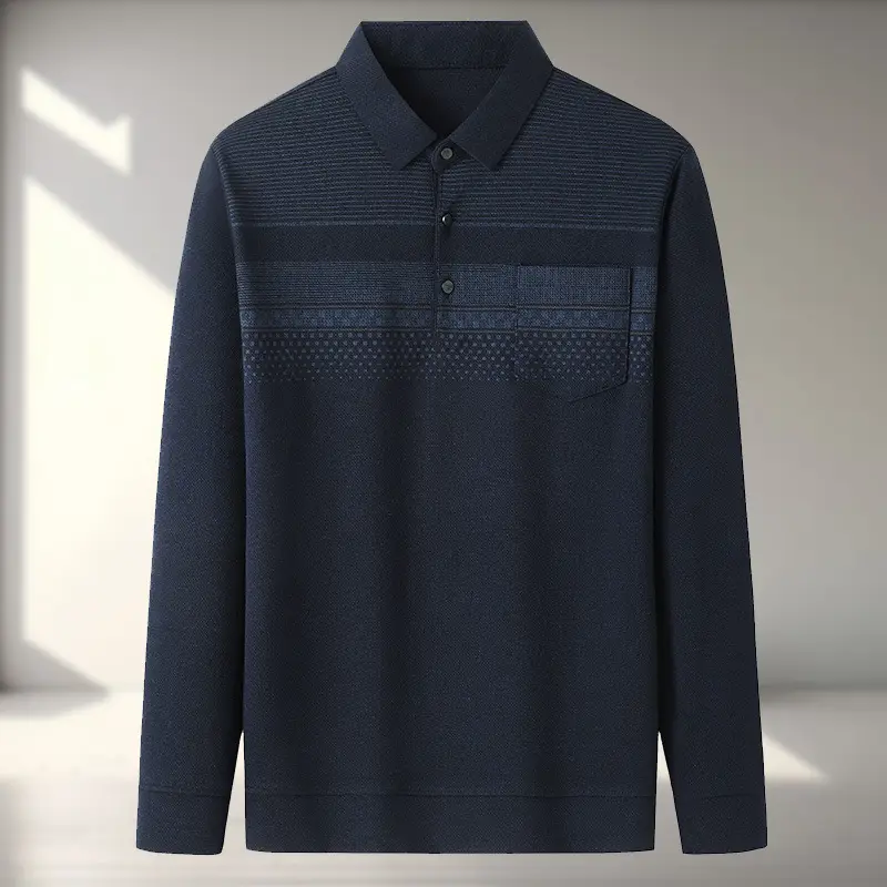 Dad Long Sleeve Polo Shirt Black Striped Grandpa Pockets - Image 3