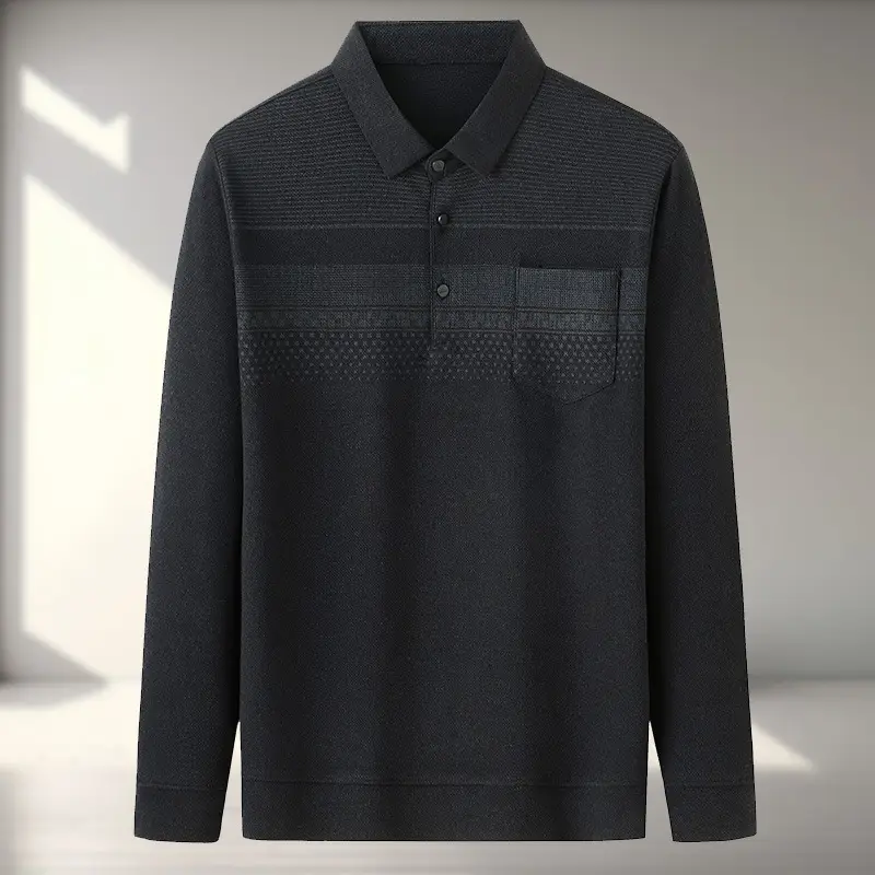 Dad Long Sleeve Polo Shirt Black Striped Grandpa Pockets - Image 4
