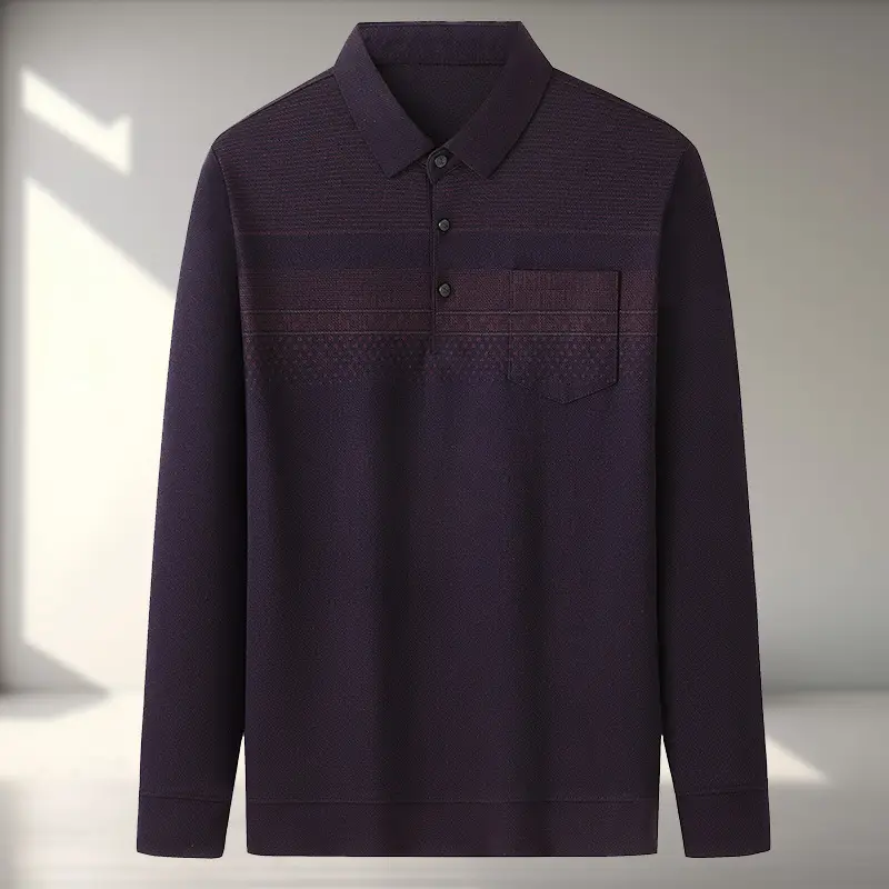 Dad Long Sleeve Polo Shirt Black Striped Grandpa Pockets - Image 5