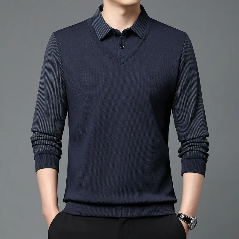 Men's Long Sleeve Striped Polo Shirt Navy Blue - Image 11