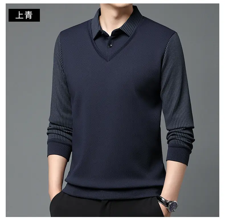 Men's Long Sleeve Striped Polo Shirt Navy Blue — feature 16