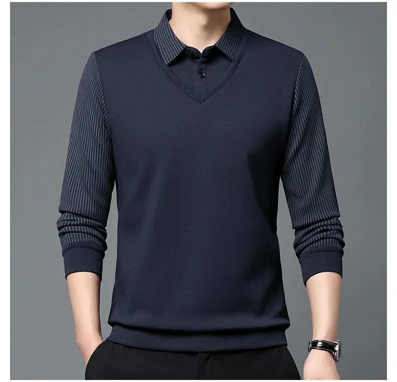 Men's Long Sleeve Striped Polo Shirt Navy Blue — feature 19
