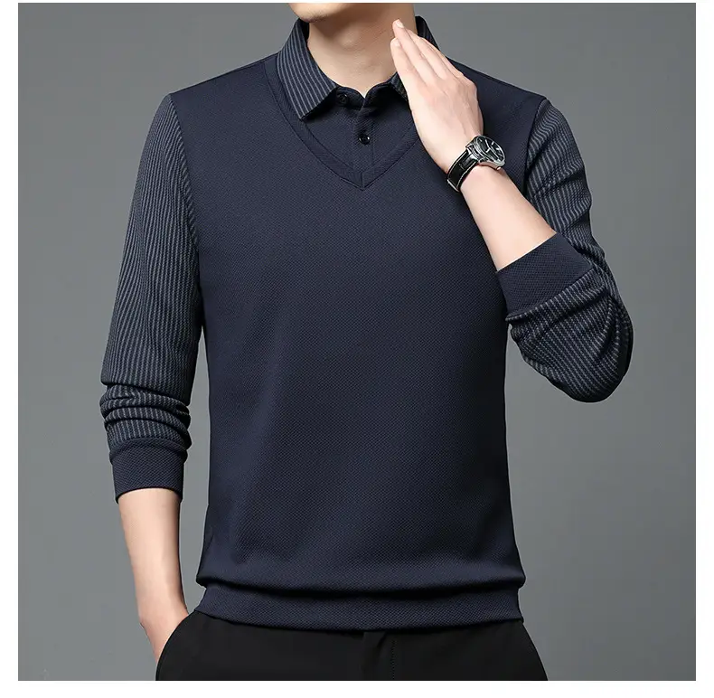 Men's Long Sleeve Striped Polo Shirt Navy Blue — feature 21