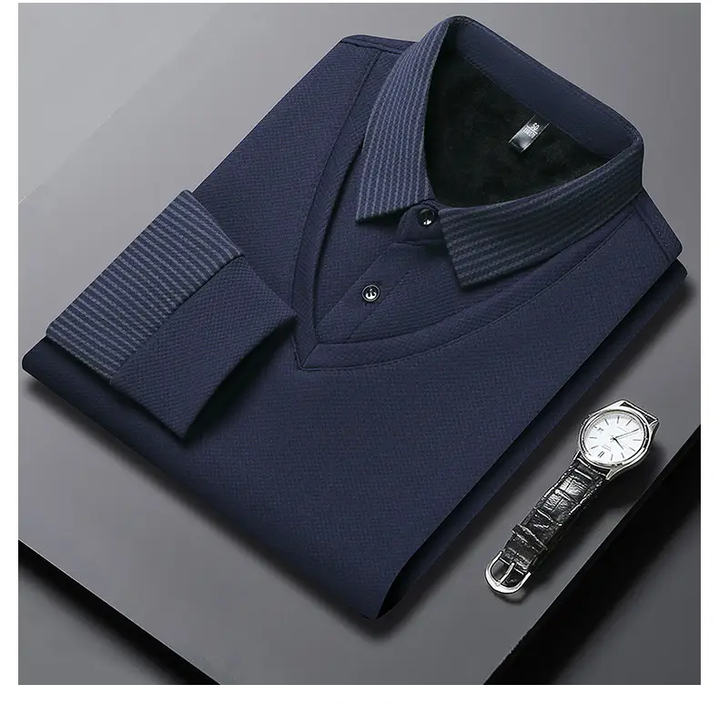 Men's Long Sleeve Striped Polo Shirt Navy Blue — feature 23