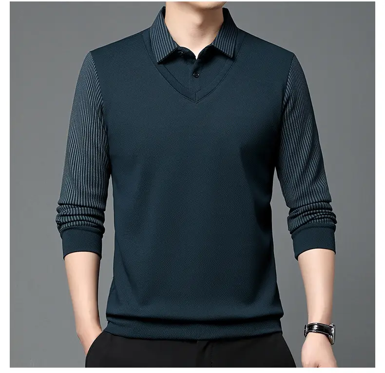 Men's Long Sleeve Striped Polo Shirt Navy Blue — feature 33