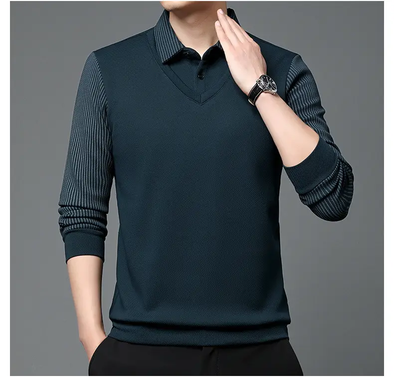 Men's Long Sleeve Striped Polo Shirt Navy Blue — feature 34