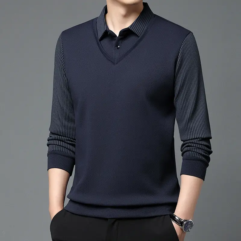 Men's Long Sleeve Striped Polo Shirt Navy Blue - Image 3