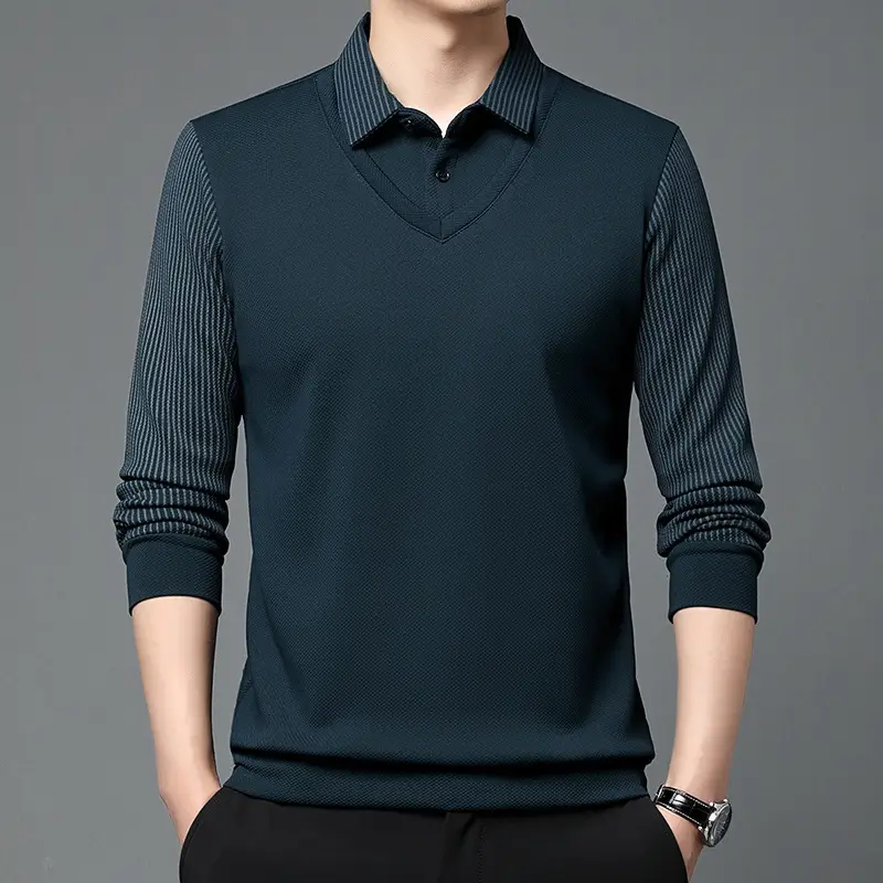 Men's Long Sleeve Striped Polo Shirt Navy Blue - Image 6