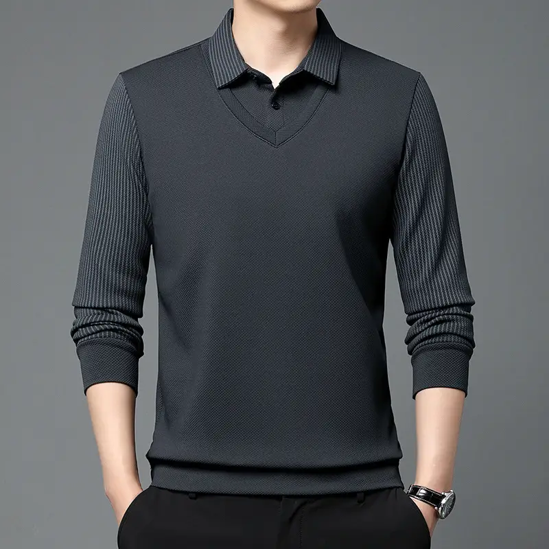 Men's Long Sleeve Striped Polo Shirt Navy Blue - Image 7