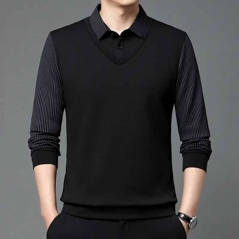Men's Long Sleeve Striped Polo Shirt Navy Blue - Image 8