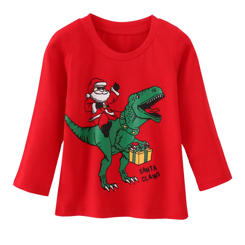 2024 Boys Red Santa T-shirt with T-Rex Print