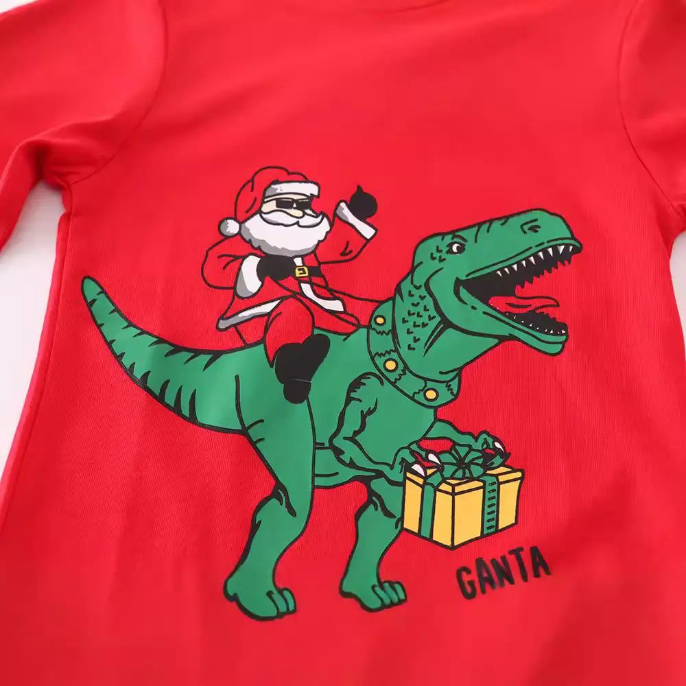 2024 Boys Red Santa T-shirt with T-Rex Print - Image 3