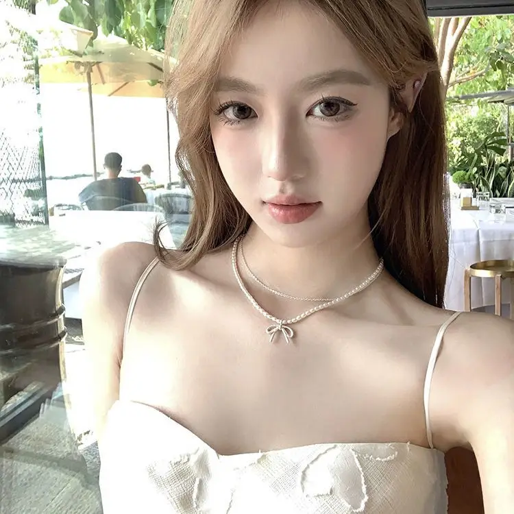 White Pearl Bow Millet Double Layer Necklace for Women - Image 4