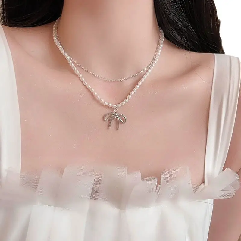 White Pearl Bow Millet Double Layer Necklace for Women - Image 5