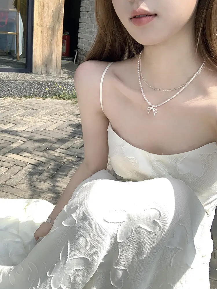 White Pearl Bow Millet Double Layer Necklace for Women — feature 4