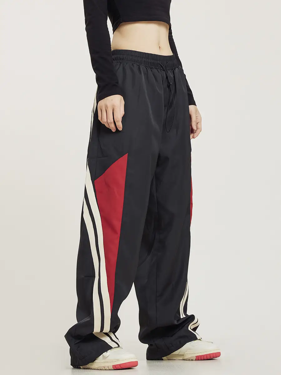 Men Black Red White Track Pants with Side Stripes - Image 2