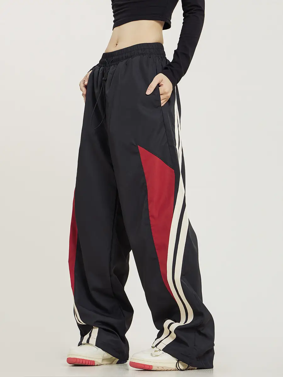 Men Black Red White Track Pants with Side Stripes — feature 2