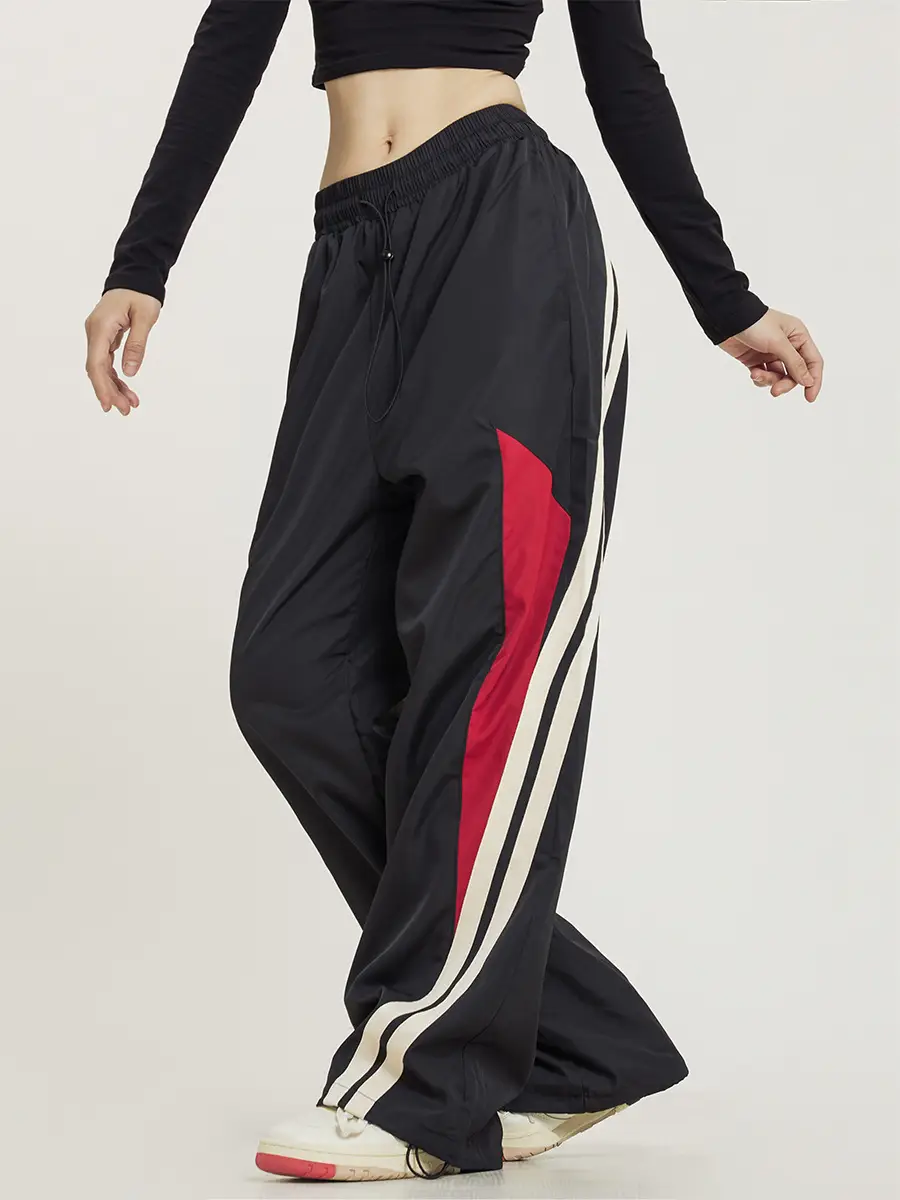 Men Black Red White Track Pants with Side Stripes — feature 4