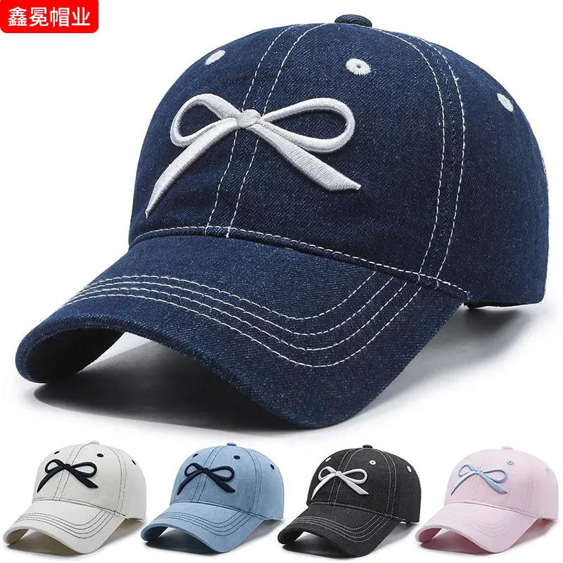 Women Casual Bow Denim Baseball Cap White - Image 5